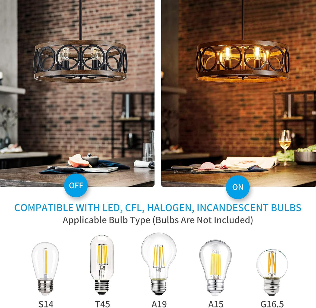 XINGQI Dining Room Chandelier 5-Light Black Modern Chandelier 21.7'' Farmhouse Drum Pendant Light Fixture for Living Room Kitchen Island Bedroom Office with Wood Grain Finish