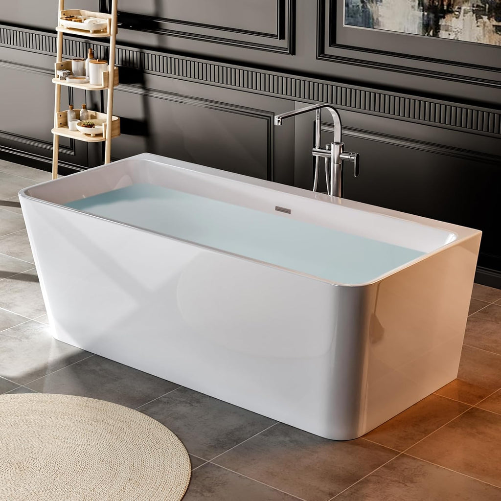 Empava 67' Freestanding Bathtub - Modern Back-to-Wall Soaking Tub with Chrome Drain & Overflow, Gloss White Acrylic Design