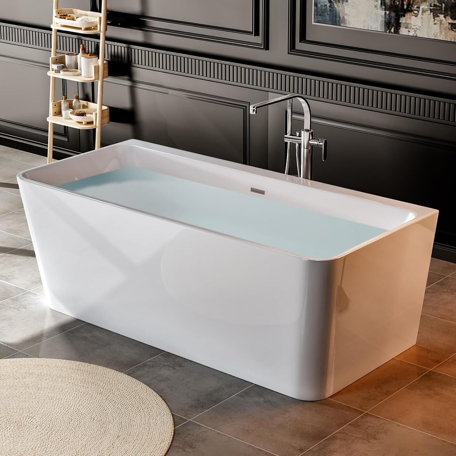Empava 67' Freestanding Bathtub - Modern Back-to-Wall Soaking Tub with Chrome Drain & Overflow, Gloss White Acrylic Design