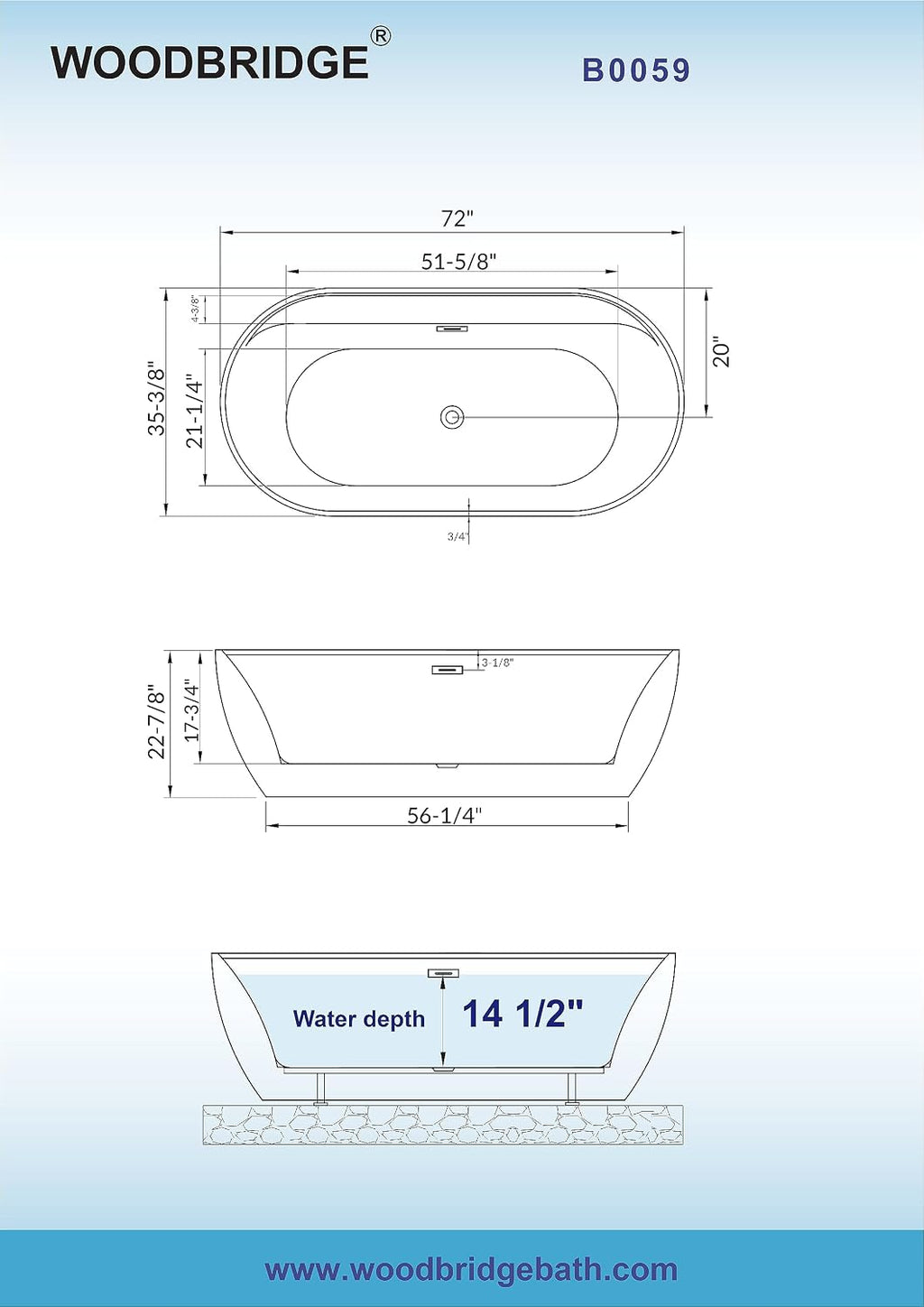 WOODBRIDGE 72' Acrylic Freestanding Bathtub Contemporary Soaking White Tub with Brushed Nickel Overflow and Drain,B0059-BN