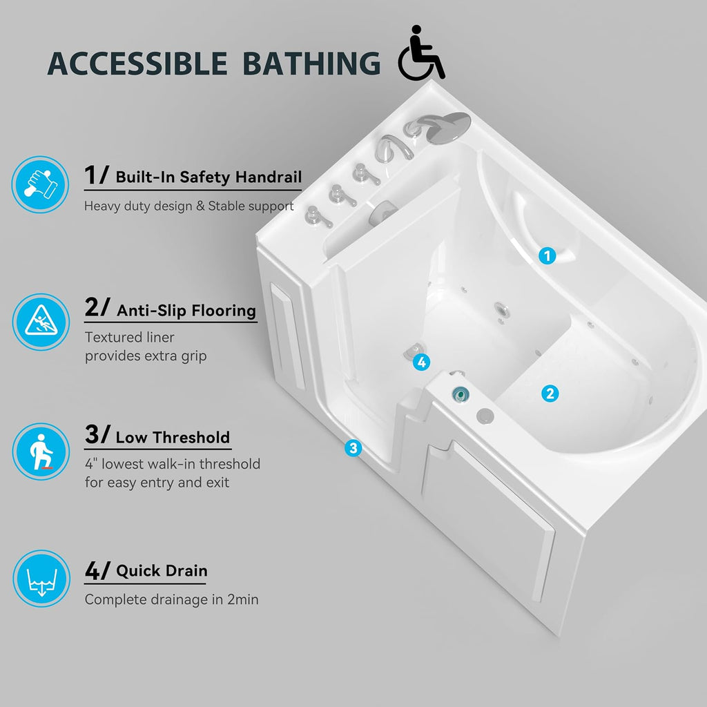 FerdY Floridian 55' x 33' Walk-in Whirlpool Bathtub with 16 Air Water SPA Jets and Left-Side Door Opening and Quick Fill and Drain System, Rectangular Soaking Jetted Bath Tub in White with LED Lights