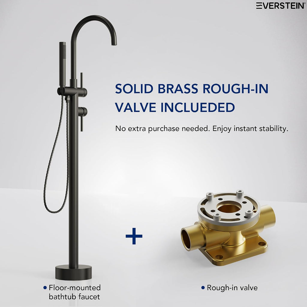 Freestanding Bathtub Faucet with Hand Held Shower, Floor Mount Tub Filler, Dual Handle Brass Bath Tub Faucet, Valve Included，Matte Black