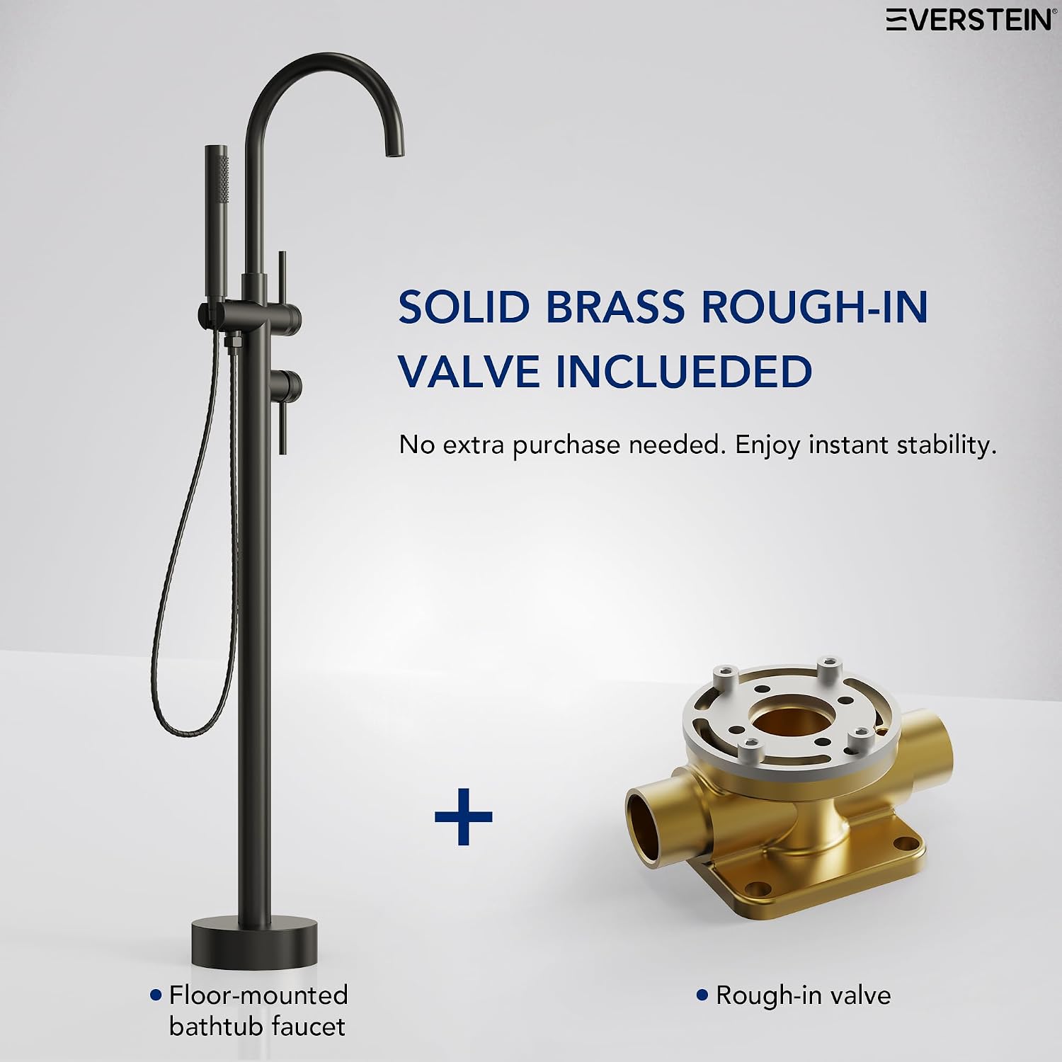 Freestanding Bathtub Faucet with Hand Held Shower, Floor Mount Tub Filler, Dual Handle Brass Bath Tub Faucet, Valve Included，Matte Black