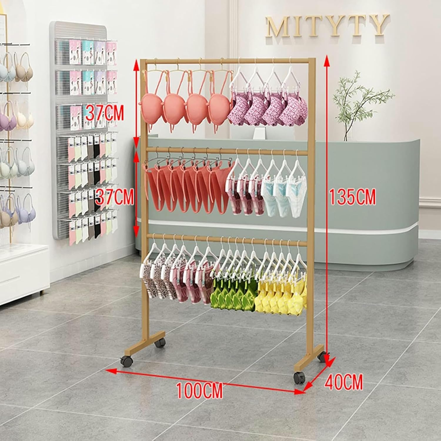 Freestanding Metal Scarf Display Rack, Underwear Panty Rack Shorts Display Bra Stand, Clothes Organizer with Wheels, 3- Tier Shelves for Bedroom/Boutique/Cloth Store