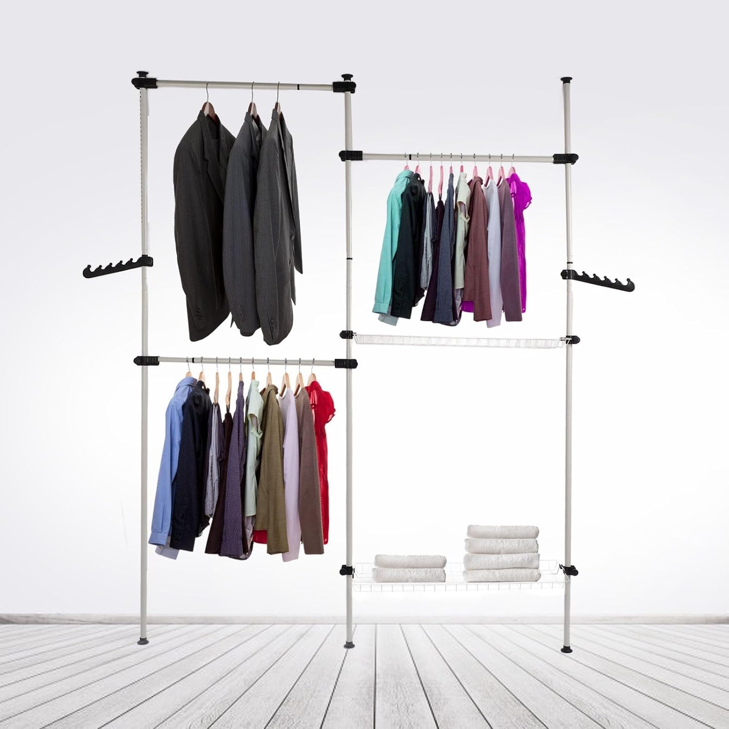 Portable Indoor Garment Rack, Heavy Duty Adjustable Clothes Hanger, DIY Tools Free, Large Capacity 122 Inch Height and Width - Stable Support, Space Saving, Ideal for Household