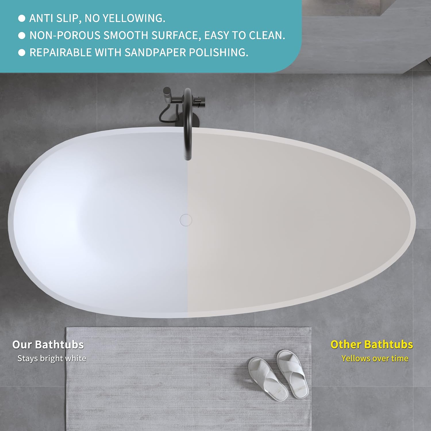 59' Stone Resin Freestanding Bathtub, Egg Shell Shaped Solid Surface Bathroom Freestanding Tubs, Stand Alone Soaking Tubs with Integrated Slotted Overflow and Drain, Matte White