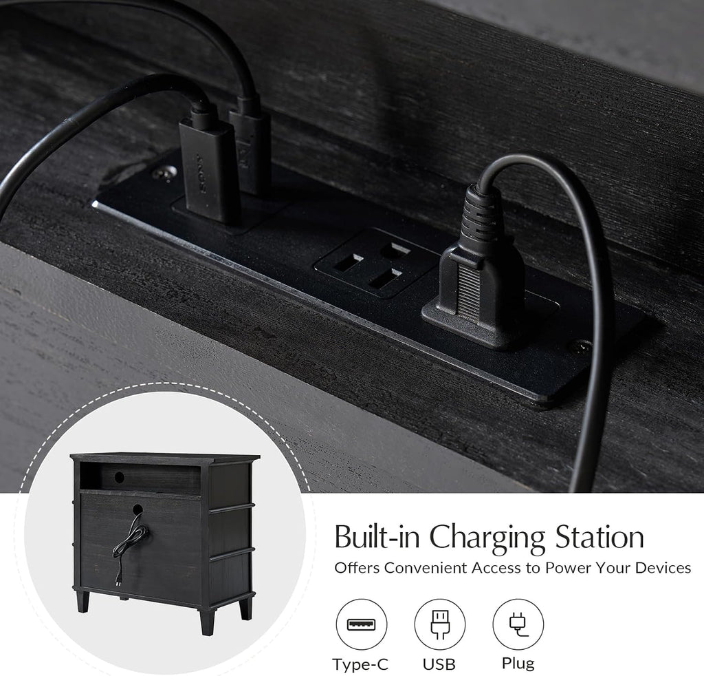 HULALA HOME Farmhouse End Tables Set of 2 with 3 Drawers, Paulownia Solid Wood Side Table with Vintage Knobs, Ancient End Table with Charging Station, Easy Assembly, Charcoal
