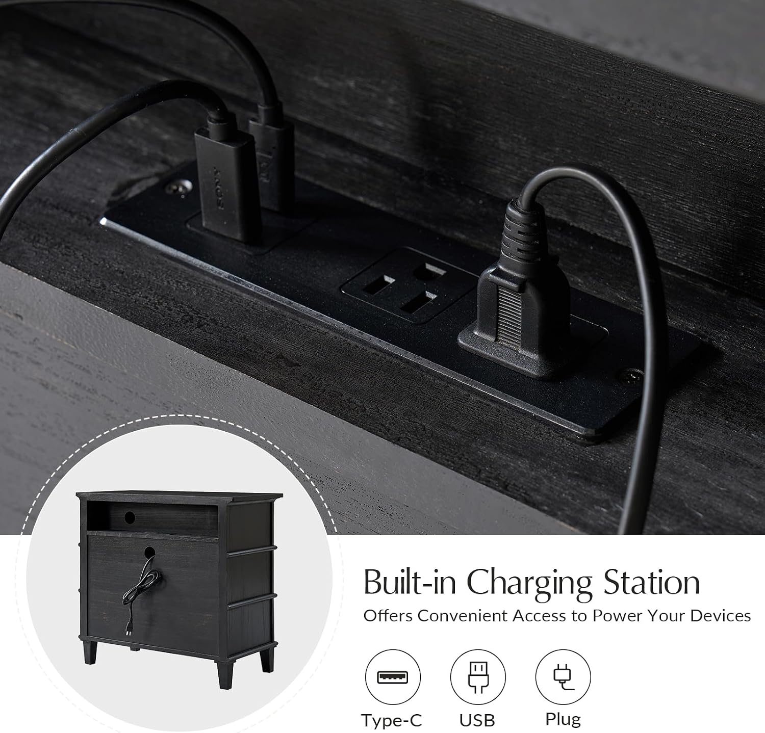 HULALA HOME Farmhouse End Tables Set of 2 with 3 Drawers, Paulownia Solid Wood Side Table with Vintage Knobs, Ancient End Table with Charging Station, Easy Assembly, Charcoal