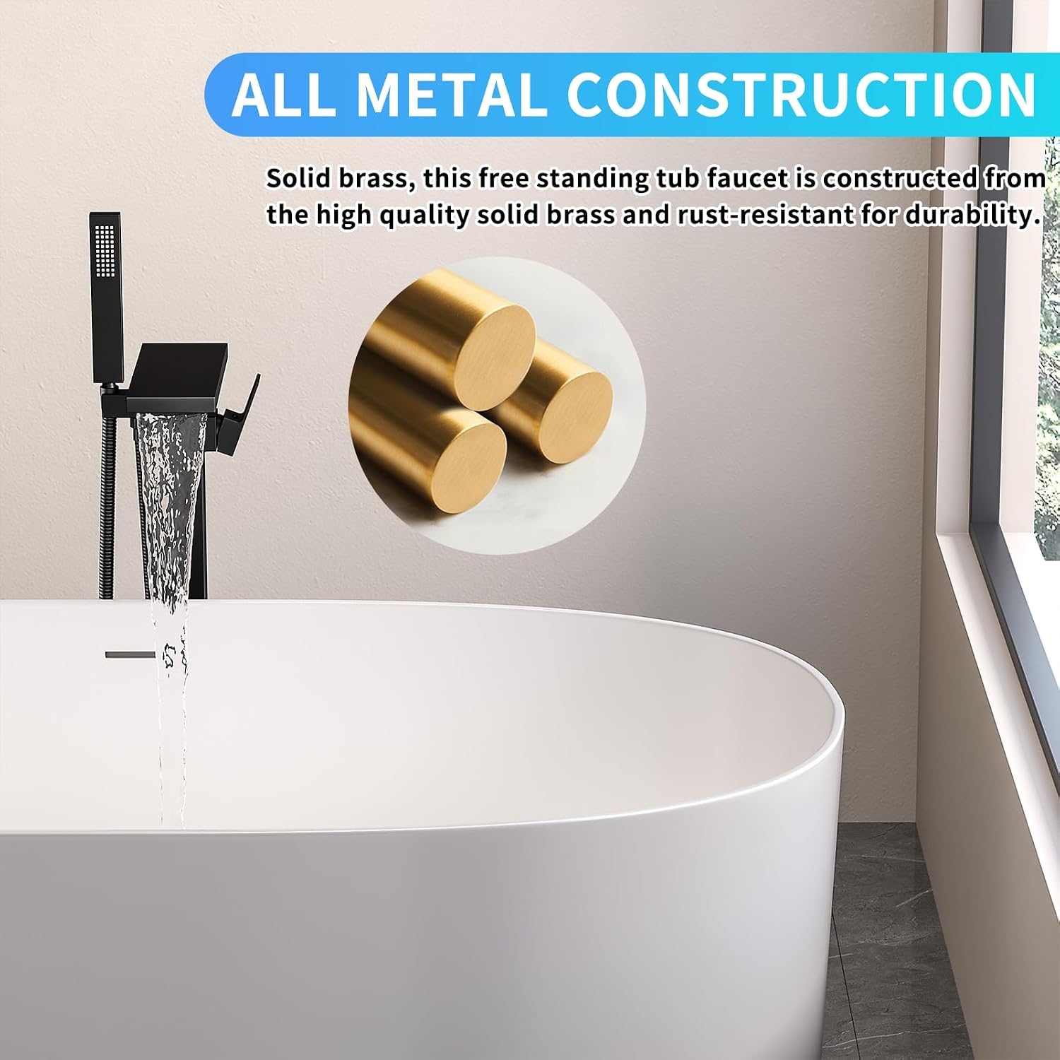 Freestanding Bathtub Faucet with Handheld Spray Single,High Flow Waterfall Bath Shower Faucet,Floor Mount Bathtub Faucet Swivel Flat Waterfall Spout Matte Black