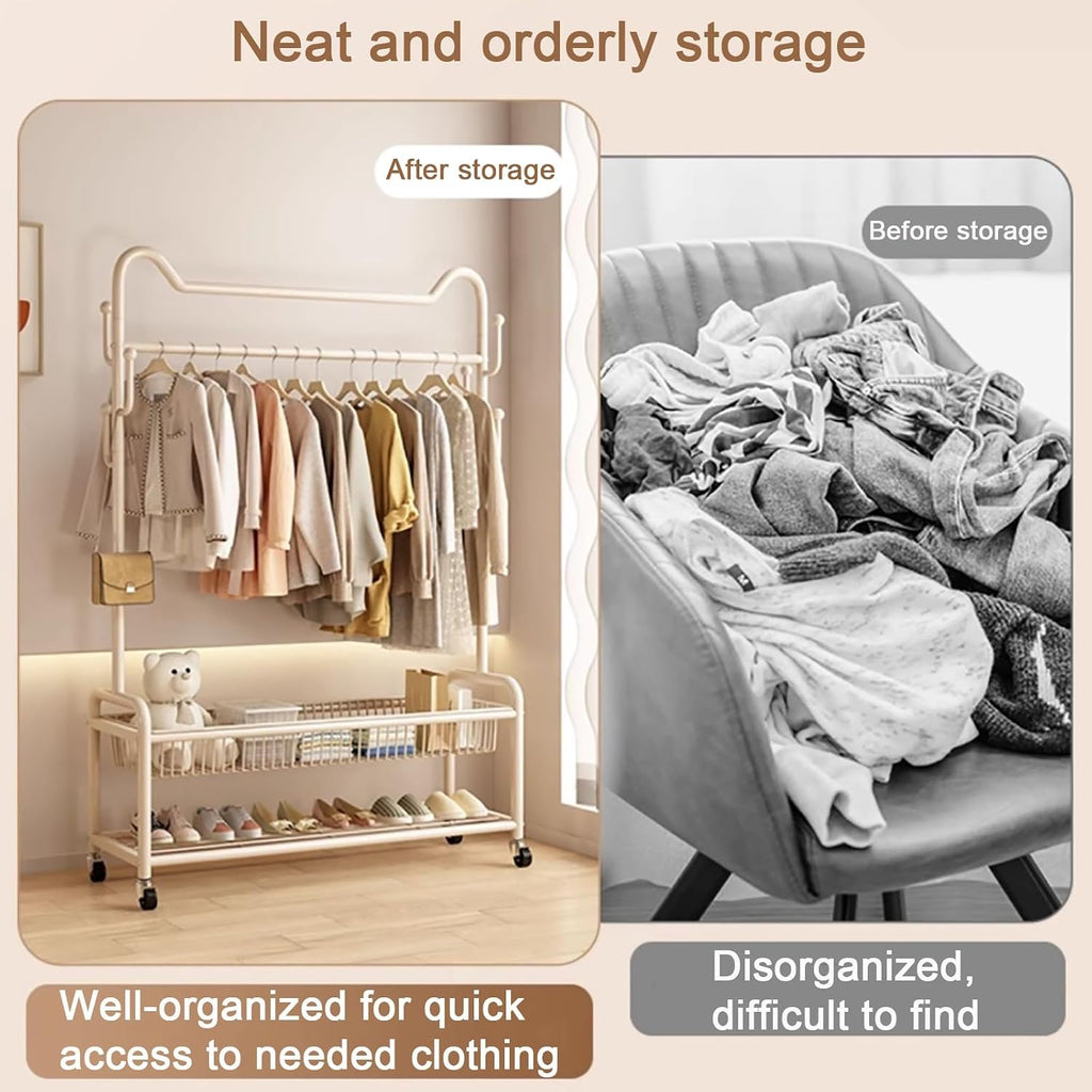Heavy-Duty Clothes Rack,Garment Rack With Storage Shelves And Coat/Hat Hooks,Hanging Racks For Clothes With Wheels,Freestanding Rolling Clothing Organizer For Bedroom Storage(Gold,100cm(39.4in))