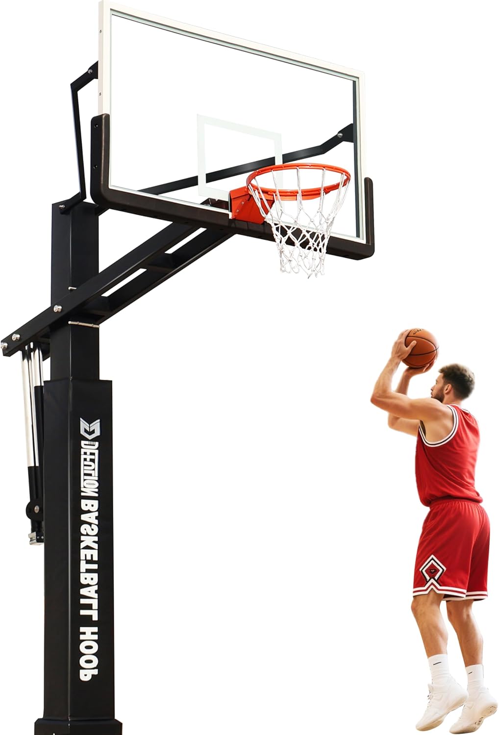 72 Inch Inground Basketball Hoop with Tempered Glass Backboard and 7.2 inch Square Pole Adjust Height from 5.4 Ft to 10 Ft with 3.8 Ft - 4.4 Ft Overhang for All Levels of Play