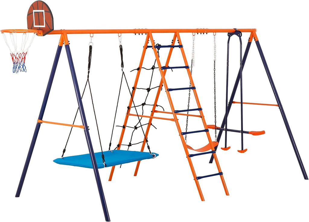 SUPER DEAL 6-in-1 Outdoor Swing Set for Kids, Heavy Duty Metal Playset with Adjustable Swings, Climbing Ladder, Rope Net, Swing Glider and Basketball Hoop, Backyard Playground Equipment for Ages 3-12