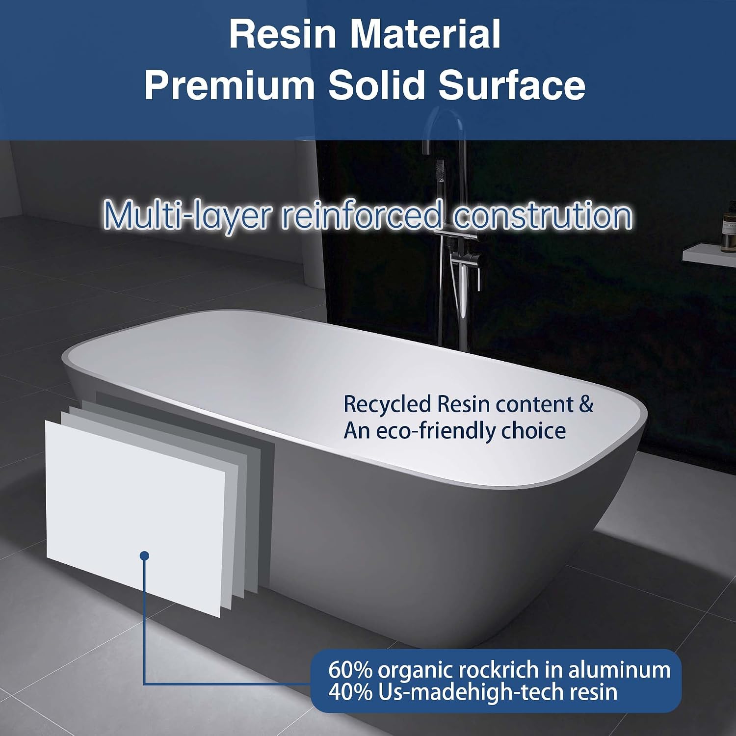 67' Resin Stone Freestanding Bathtub, Solid Surface Bathtub Modern Design Stand Alone Tub with Drain and Overflow, Matte White 306MW1700