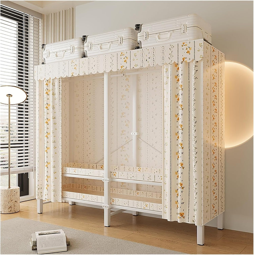 Foldable Wardrobe Closet With Cover, Metal Garment Rack, One-Piece Folding Base, Steel Tube Clothes Rack For Hanging Clothes, Curtain Clothing Organizer For Bedroom(Yellow1,110x170x50cm)