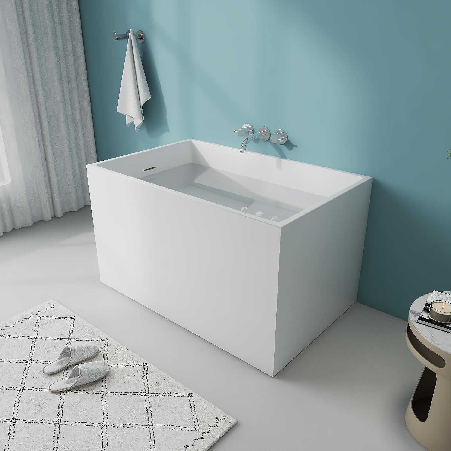 43.3' Free standing Bathtubs With Seat, Gloss White Acrylic Tub | Modern Freestanding Bathtub, Unique Soaking Tub with Overflow and Drain