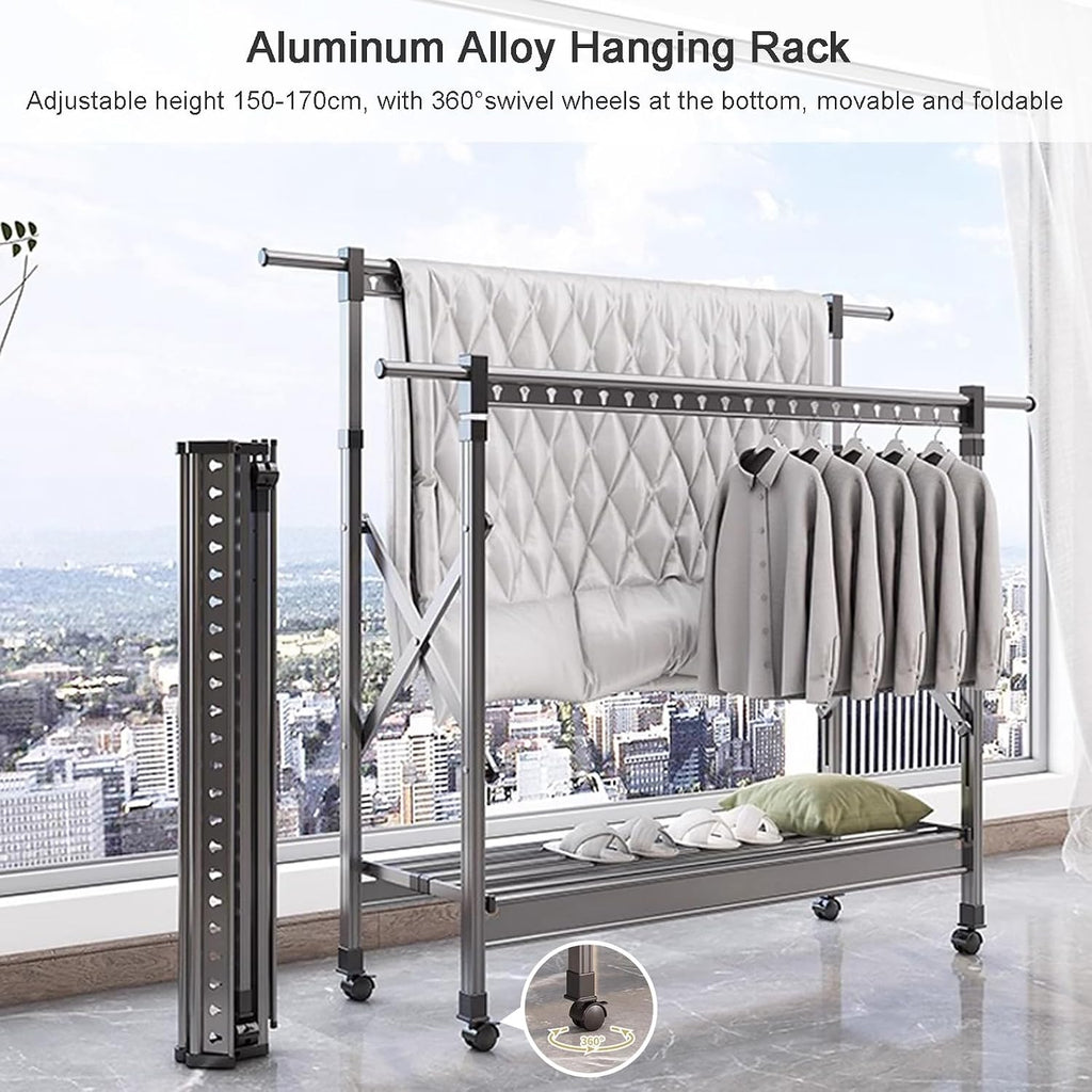 Heavy Duty Clothes Rack with Shelves and Wheels, Adjustable Height Rolling Garment Rack, Foldable Wardrobe Closet Rack, Portable Metal Clothing Rack