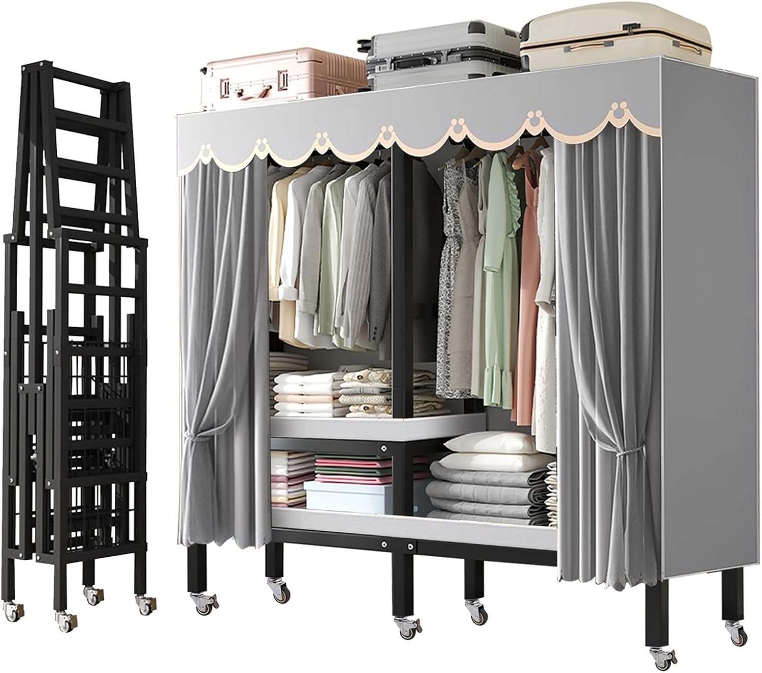 Foldable Wheeled Clothes Rack - Portable Heavy Duty Wardrobe Closet, Load 2000lbs/With Cover Bedroom Armoires Freestanding Clothing Coat Storage Rack Rolling Garment Rack For Hanging Clothes ( Size :