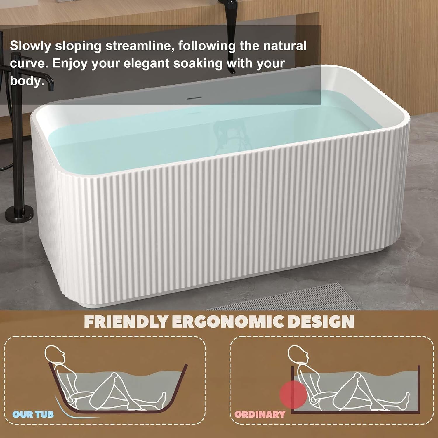 59' Acrylic Freestanding Tub, Rectangle Linear Stand Alone Soaking Tubs with Pop-up Chrome Drain, Free Standing Bathtubs with CUPC Certified, White