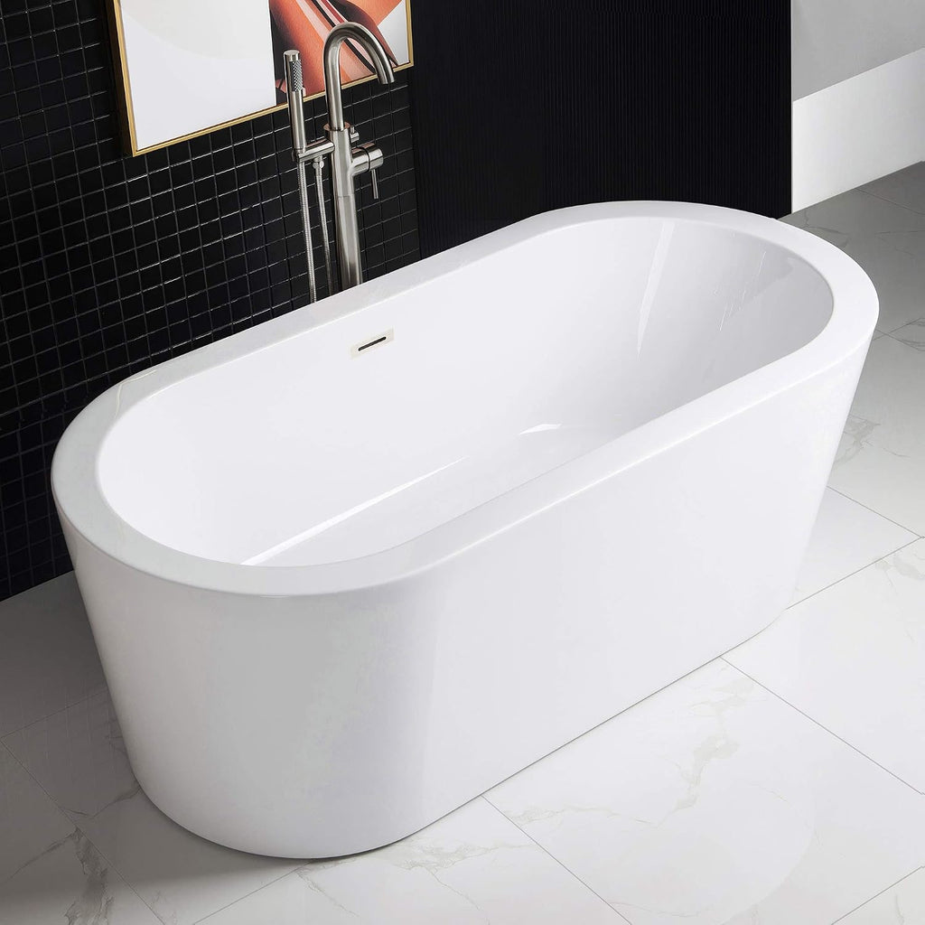WOODBRIDGE 59' Acrylic Freestanding Bathtub Contemporary Soaking White Tub with Brushed Nickel Overflow and Drain，B0012 -B/N-Drain &O