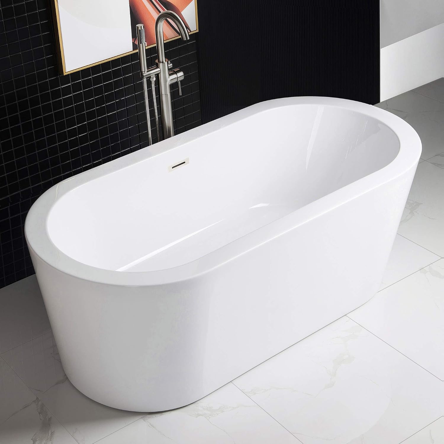 WOODBRIDGE 59' Acrylic Freestanding Bathtub Contemporary Soaking White Tub with Brushed Nickel Overflow and Drain，B0012 -B/N-Drain &O