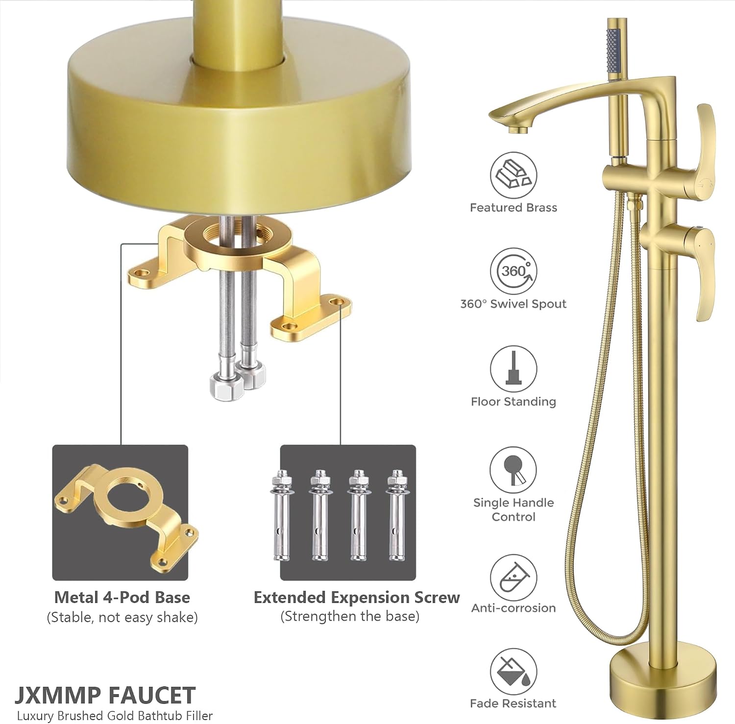 Free Standing Tub Faucet, Brushed Gold Floor Mount Bathtub Faucet with 360 Swivel Spout and Hand Shower, High Flow Stainless Steel Freestanding Tub Filler JXM-F001BG