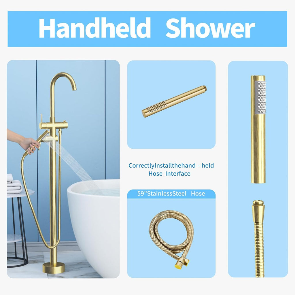 Freestanding Bathtub Faucet,Tub Filler Floor Mount Stand Bathtub Faucet Brass Bathroom Tub Faucets with 2 Function Hand Shower Wand Swivel Brushed Gold