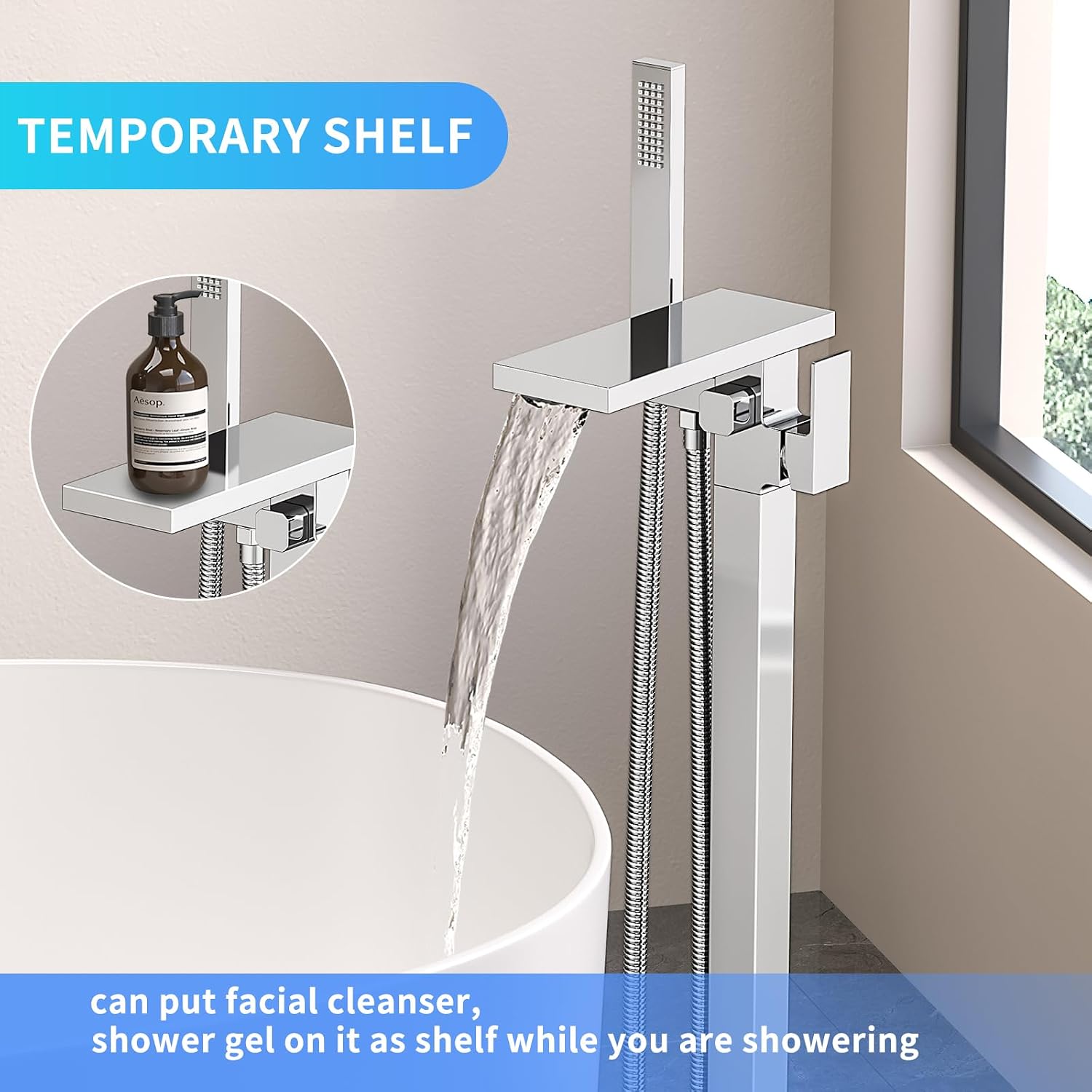Freestanding Bathtub Faucet with Handheld Spray Single,High Flow Waterfall Bath Shower Faucet,Floor Mount Bathtub Faucet Swivel Flat Waterfall Spout Polished Chrome