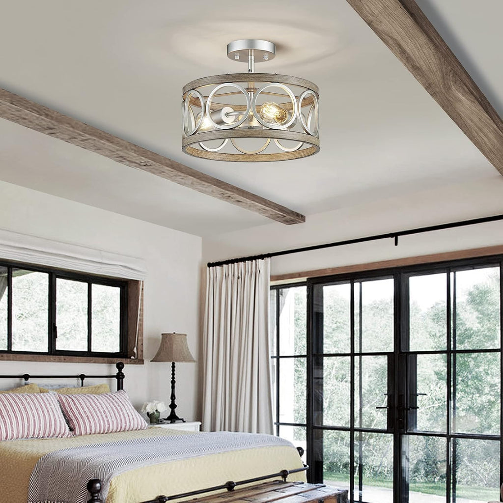 XINGQI 13' Modern 3-Light Brushed Nickel Rustic Semi Flush Mount Ceiling Light Fixture Wood Grain Metal Round Lamp for Kitchen Dining Room Bedroom Entryway