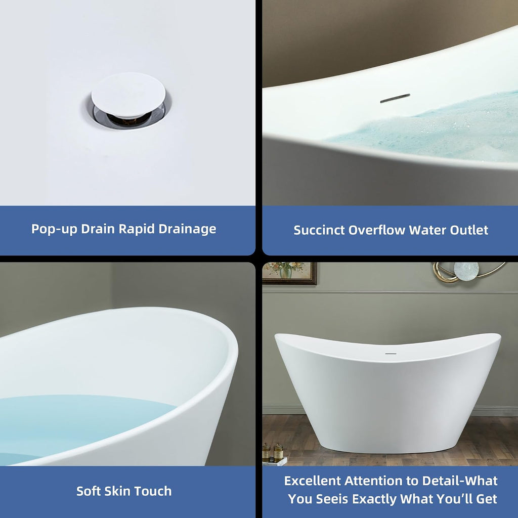 WOODBRIDGE 59 in. x 29.13 in. Stone Resin Luxury Contemporary Solid Surface Freestanding Bathtub in Matte White