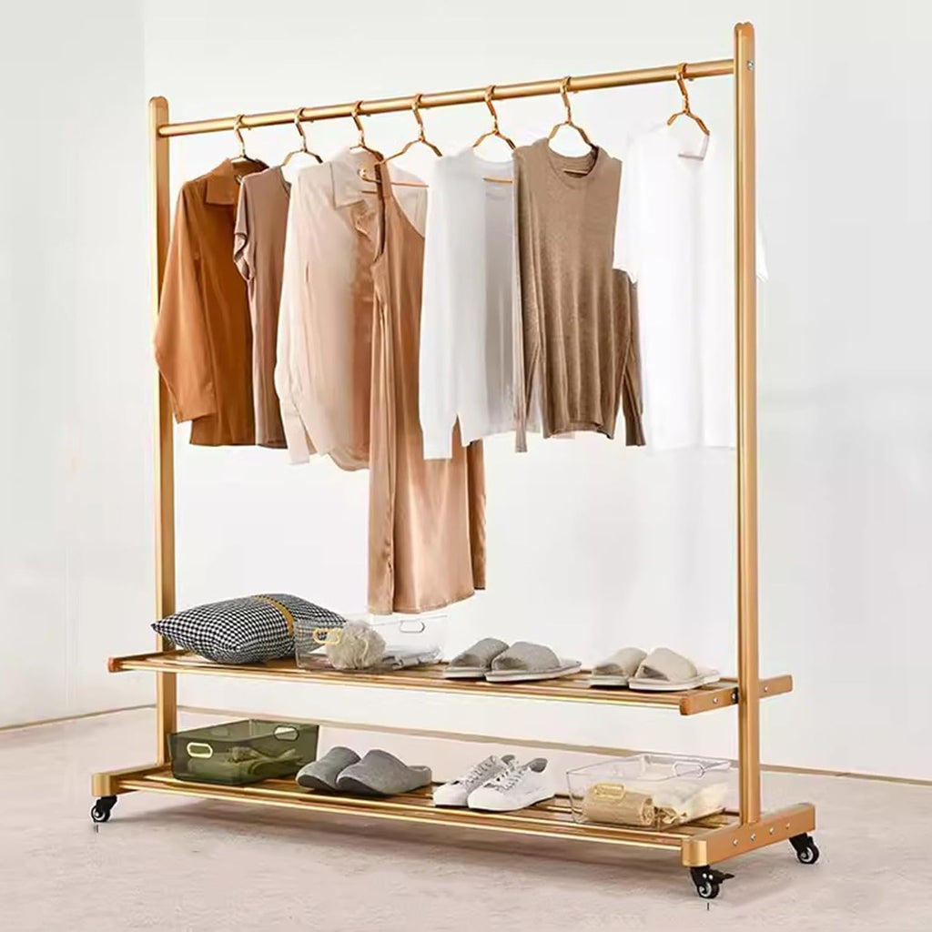 Heavy duty Garment rack Heavy Duty Clothes Rail On Wheels, Rolling Clothing Rack For Hanging Clothes, Portable Clothes Organizer With 2 Shelves, Coat Rack For Bedroom, Drying Rack (Gold 150X45X156CM)
