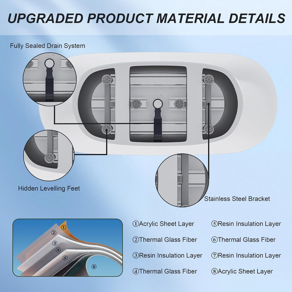67' Acrylic Freestanding Soaking Tub, Gloss White with Chrome Overflow & Pop-Up Drain, cUPC Certified, Modern Luxurious Bathroom Bathtub