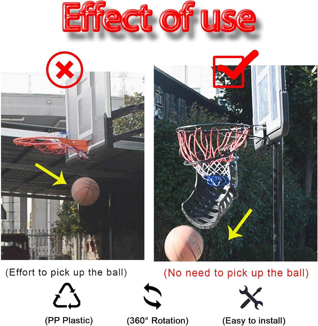 Basketball Return Attachment with 360° Rotating Chute, Outdoor Basketball Shot Returner, Plastic Basketball Net Catcher