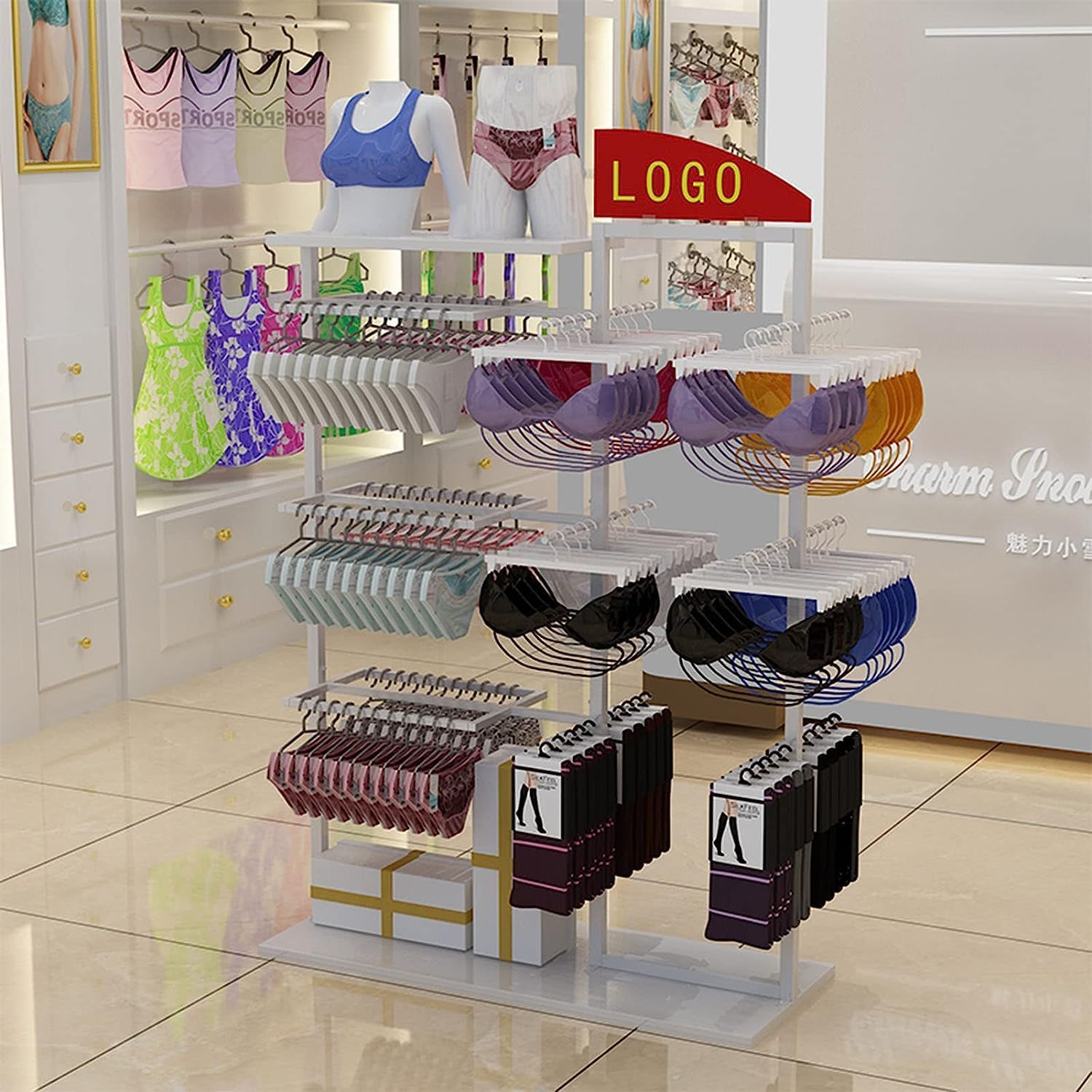 Retail Store Display Rack,Free Standing Garment Rack,Double Sided Coat Hanger,Heavy Duty Metal Underwear,Bra,Shorts and Socks Display Rack,Island Rack with
