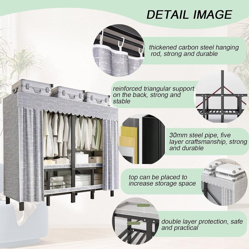 Wardrobe Clothes Organizer - Heavy Duty Metal Garment Rack With Fabric Cover And 2 Hanging Rods, Portable Foldable Wardrobe Closet, Fabric Wardrobe Closet, Load 1200 Lbs For Hanging Clothes(125cm/49.2