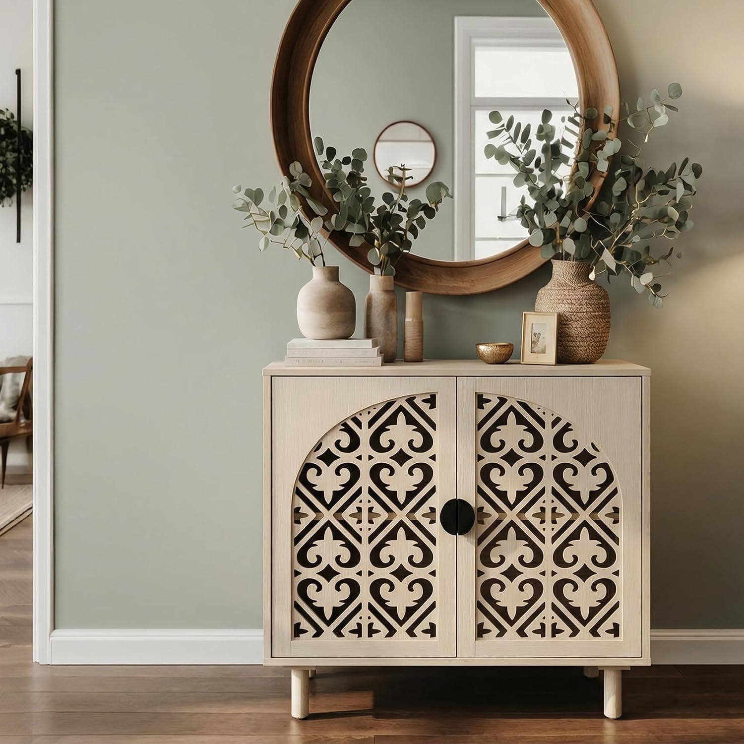Storage Sideboard Cabinet, 60 x 32 x 16 inches, 4 Doors with Decorative Carved Panels, Natural Wood. [2pcs, Beige]