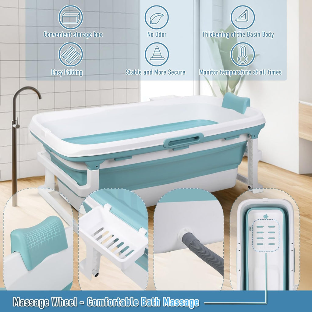 51 Inch Foldable Bathtub for Adults, Large Portable Tub for Shower, Effortless Collapsible Bathtub Adult for Spacious Bathrooms & Outdoor Use, Ideal for Ice Baths & Hot Baths (Blue-Green, 51 Inch)
