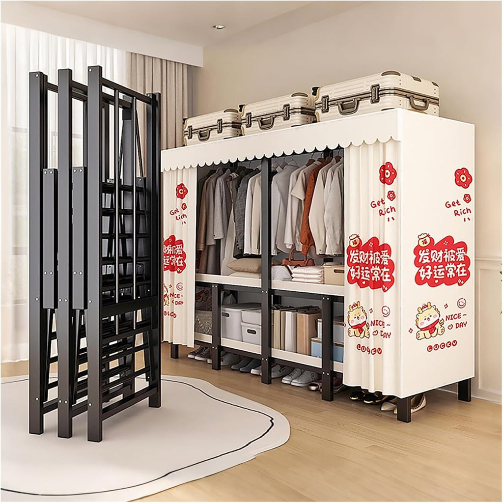 Heavy Duty Foldable Portable Wardrobe Closet With Cover, Portable Closet For Bedroom, Metal Garment Rack Closet, Enclosed Curtain For Hanging Clothes(White,66.9inch)
