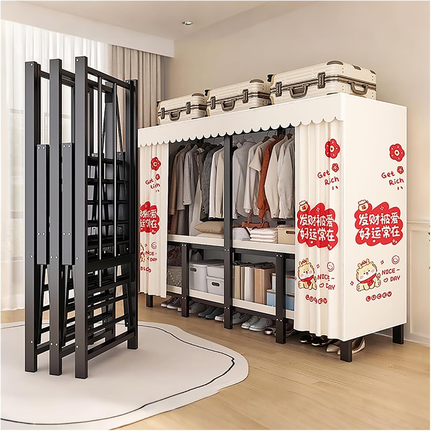 Heavy Duty Foldable Portable Wardrobe Closet With Cover, Portable Closet For Bedroom, Metal Garment Rack Closet, Enclosed Curtain For Hanging Clothes(White,66.9inch)
