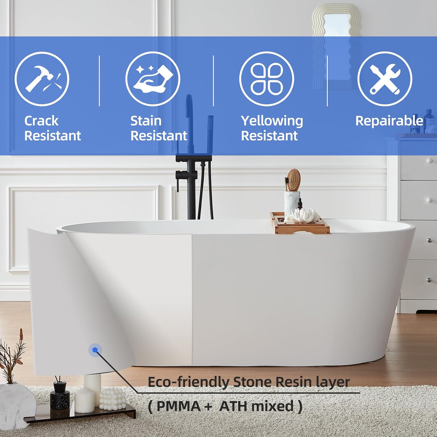 Cpingao 55' Stone Resin Freestanding Bathtub, Modern Oval Solid Surface Soaking Stand Alone Tub, Matte White, Drain & Overflow Included 8816-1400