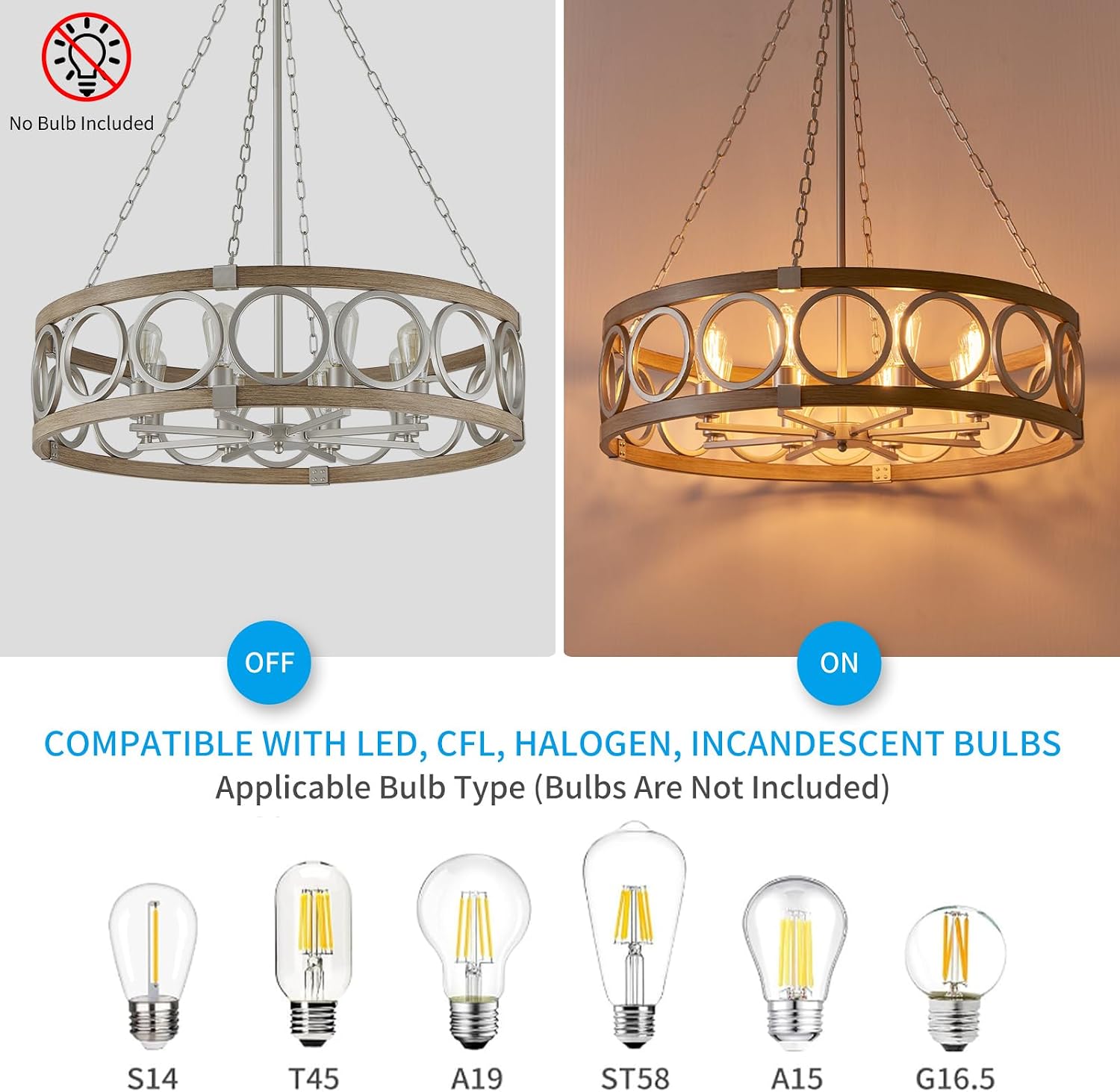 XINGQI 8-Light Modern Chandelier Large Round Drum Chandeliers for Dining Room 32.3' Rustic Pendant Brushed Nickel Light Fixture Over Table Farmhouse Metal Wood Grain Finish