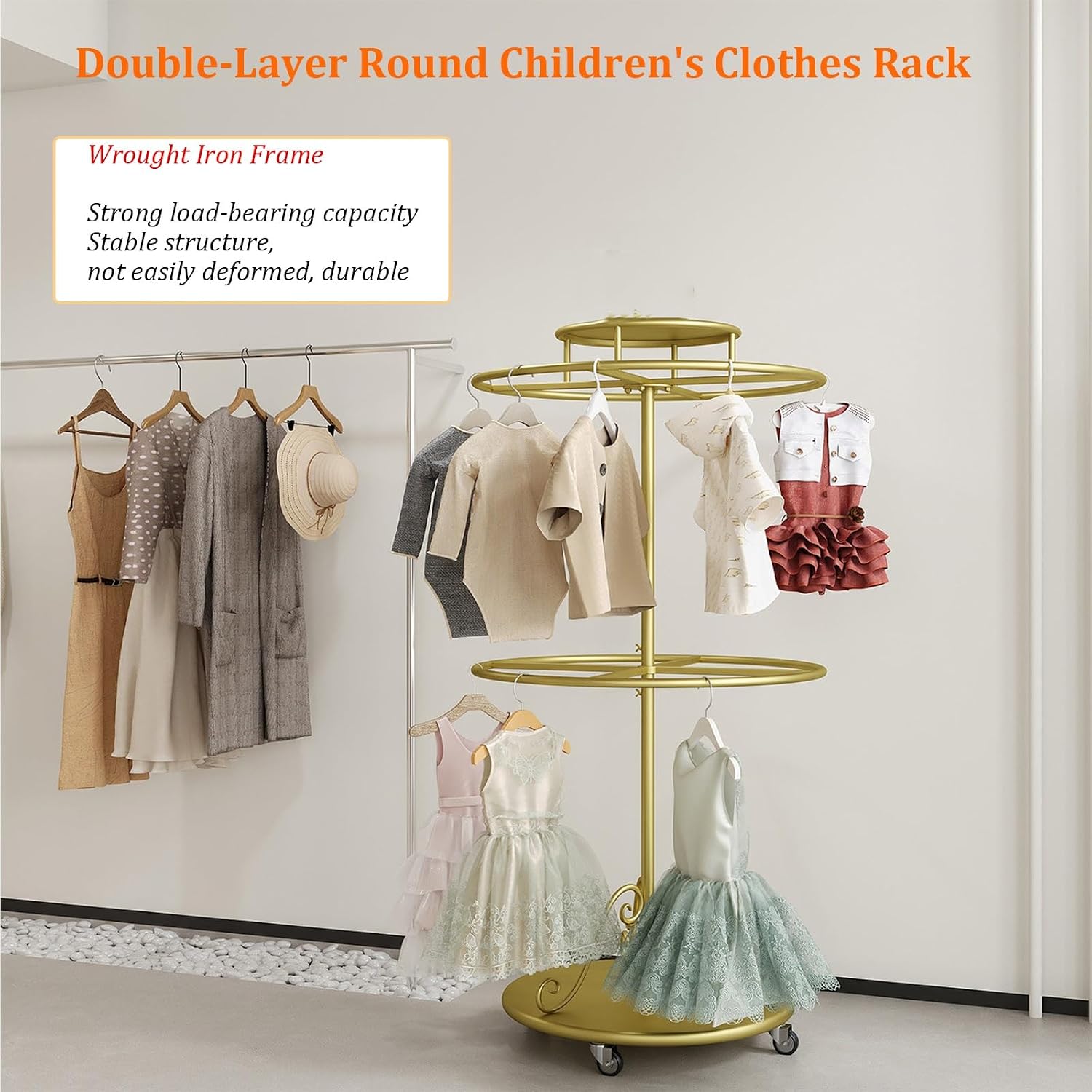 Gold Garment Rack with Casters, 360° Rotating Kids Clothing Display Rack with Top Shelf, Multi-Tier Metal Organizer for Children Clothes, Retail Boutique & Home Closet Storage