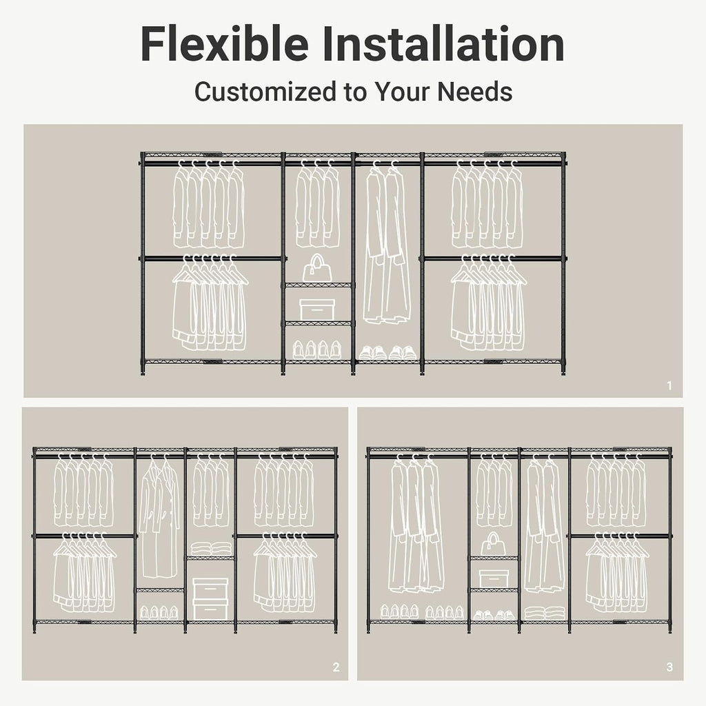 VIPEK X4 Expandable Heavy Duty Clothes Rack, Adjustable from 7'4' to 10'2' with Adjustable Shelves and Hanger Rods, Large Wardrobe Closet Reach-in & Walk-in Closet Metal Clothing Rack, 1530 LBS, Black