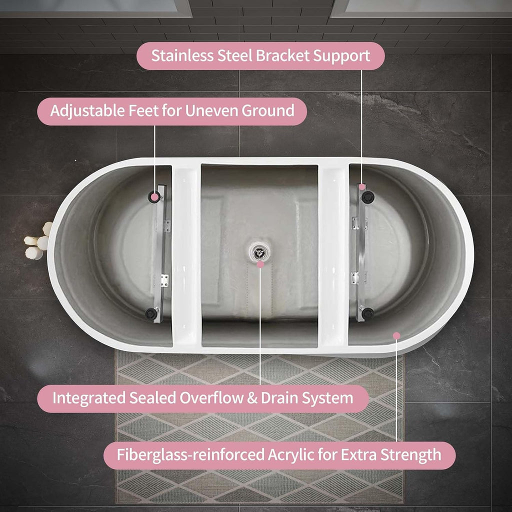 59' Acrylic Freestanding Bathtub White, Oval Shape Soaking Tub with Pop-up Chrome Drain, Free Standing Bathtubs CUPC Certified