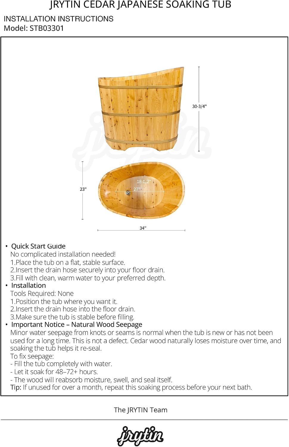 34 Inches Small Handcrafted Free Standing Wooden Bathtub, Portable Deep Soaking Tub for Relaxation, Natural Cedar Wood, Ideal for Home Spas and Bathroom Renovations, Perfect Hot Tub Option