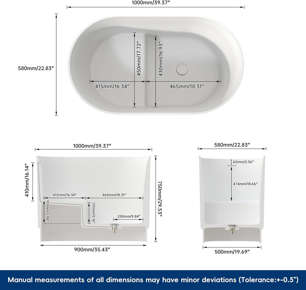 39' Stone Resin Janpanese Soaking Tub, Freestanding Deep Soaking Bathtub with Seat Desgin,Toe-tap Chrome Right Drain, Slotted Overflow, cUPC Certified, in Matte White