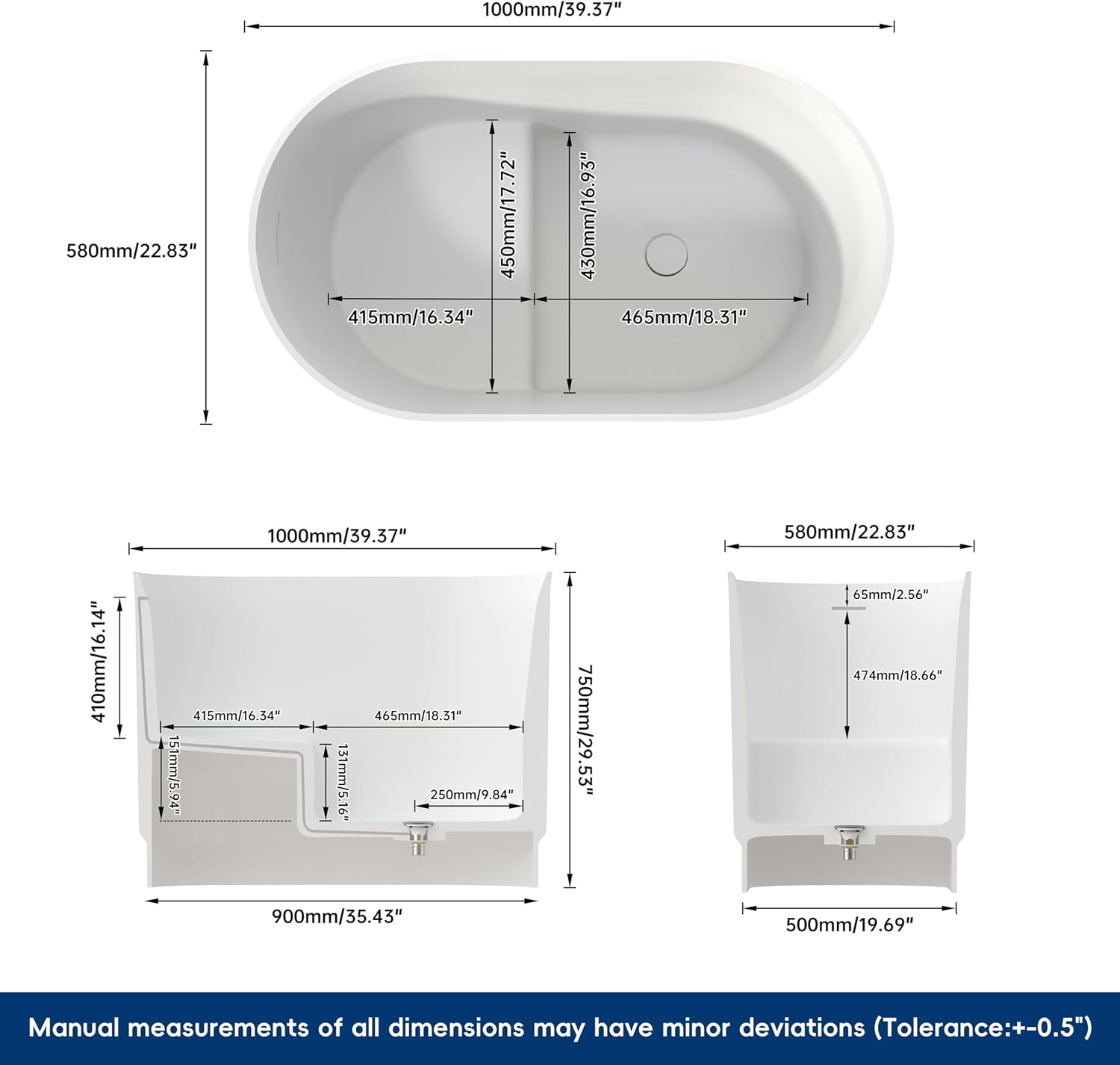 39' Stone Resin Janpanese Soaking Tub, Freestanding Deep Soaking Bathtub with Seat Desgin,Toe-tap Chrome Right Drain, Slotted Overflow, cUPC Certified, in Matte White