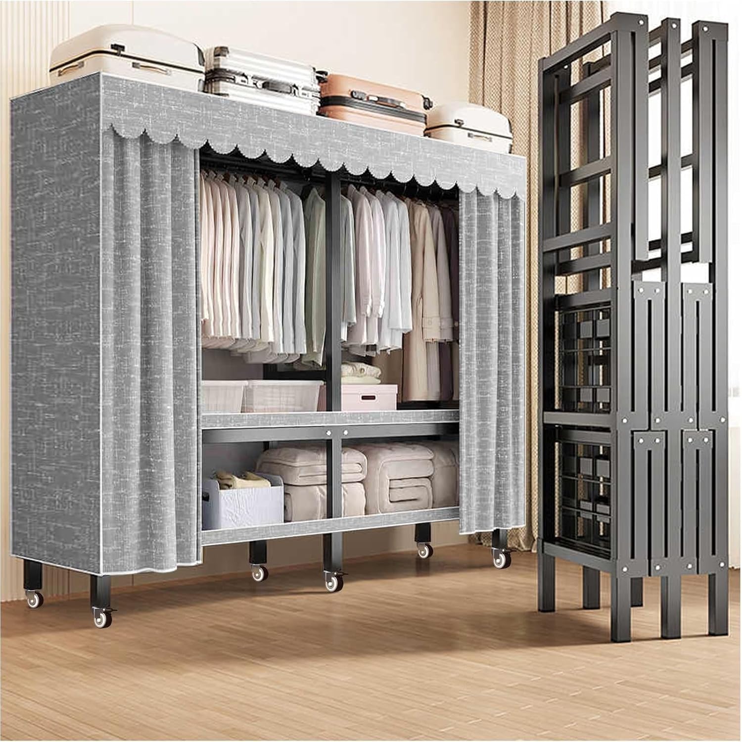 Heavy Duty Rolling Garment Rack with Cover, Portable Folding Canvas Wardrobe Closet, Metal Mobile Closet Rack, Wardrobe Clothing Coat Storage Rack with Wheels, for Hanging Clothes(71in(Wheel))
