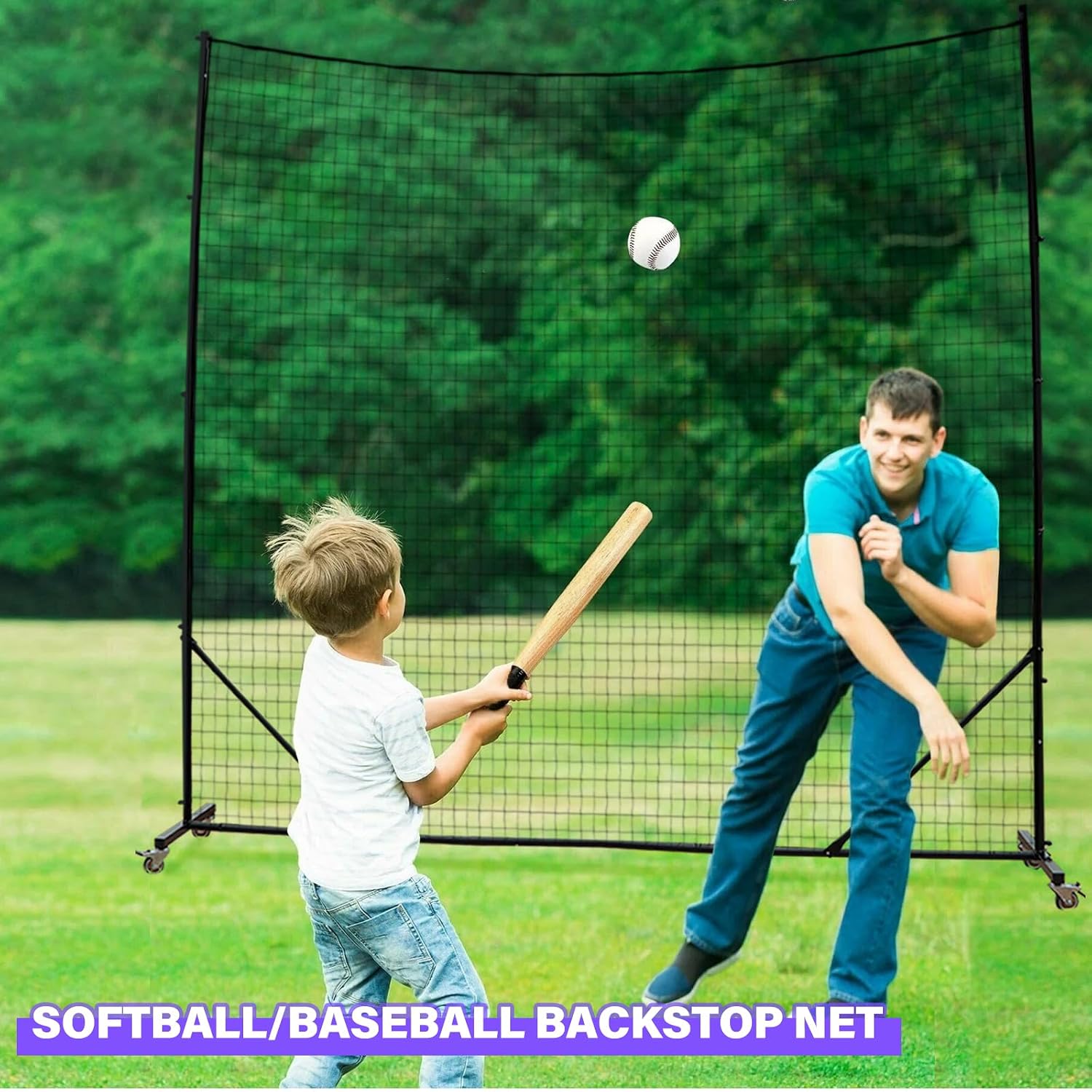Backstop Net System for Backyard – Heavy Duty Sports Barrier Net with Steel Posts, Movable/Socketed Ball Stop Net for Soccer, Baseball, Training