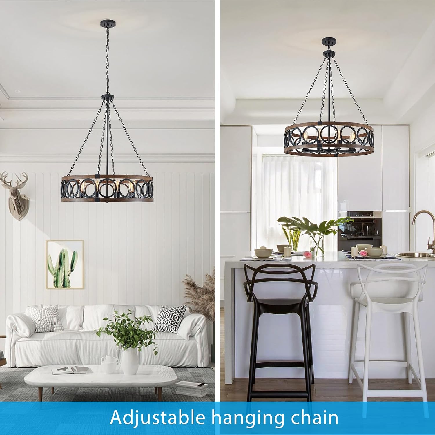 XINGQI Modern Farmhouse Chandelier 32.3' Large Drum 8 Lights Rustic Pendant Lighting Fixture for Living Room Dining Room Kitchen Island Bar Office, Round Metal Shade Black Wood Grain Finish