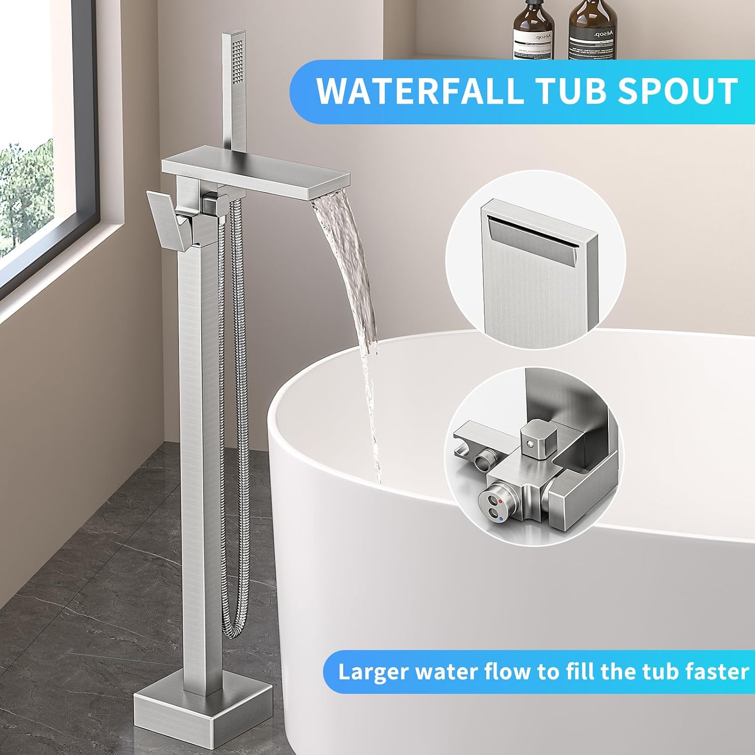 Freestanding Bathtub Faucet with Handheld Spray Single,High Flow Waterfall Bath Shower Faucet,Floor Mount Bathtub Faucet Swivel Flat Waterfall Spout Brushed Nickel